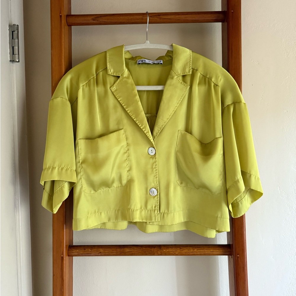 Zara Lime Green Cropped Satin Shirt XS